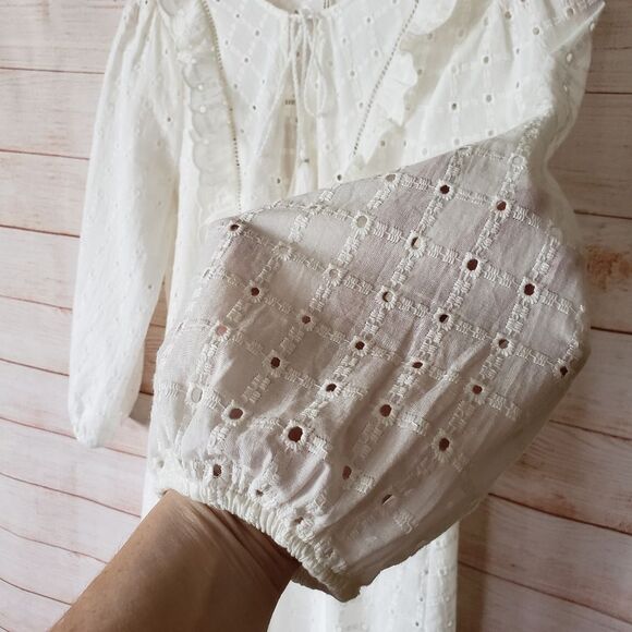 Anthropologie Eyelet Tie Neck 100% Cotton Summer Dress White Size 4 Round Neck - Picture 3 of 12